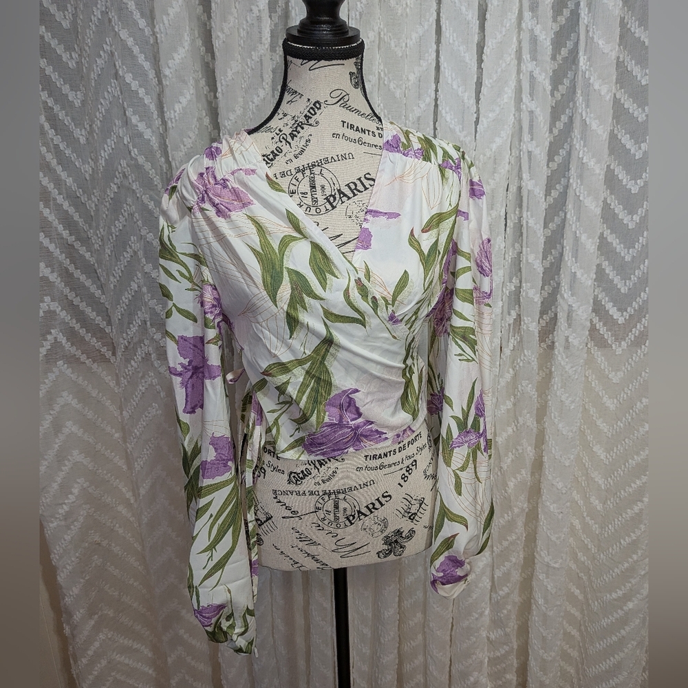 Floral Wrap Blouse - White and Purple